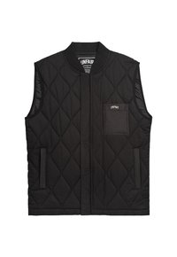 Svart vadderad väst med rundad krage, dragkedja fram och bröstficka. Har sidofickor och stilrena, släta tygdetaljer.