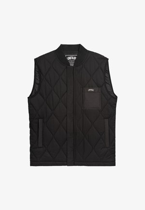 Schwarze gesteppte Weste mit rundem Kragen, Frontreißverschluss und Brusttasche. Verfügt über Seitentaschen und elegante, glatte Stoffakzente.