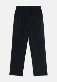 Pantalons noirs à jambe droite avec taille élastique et cordon de serrage, dotés de poches latérales, présentés sur un fond blanc.