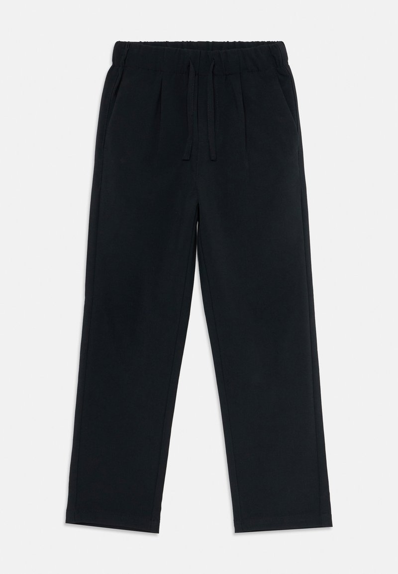 Pantalons noirs à jambe droite avec taille élastique et cordon de serrage, dotés de poches latérales, présentés sur un fond blanc.