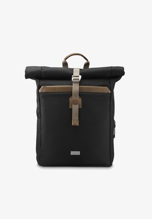 Black roll-top backpack with a tan accent, front zip pocket, and adjustable strap. Made of durable material, featuring a sturdy carry handle.