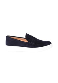 Scarpe slip-on in suede blu navy con suola in gomma bianca, caratterizzate da un design cucito e un pannello anteriore rialzato. Design semplice e a profilo ridotto.