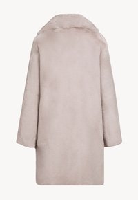 Neppeleren jas, zachte lichtbeige kleur, relaxte silhouet, brede mouwen, kraagdetails en geen zichtbare sluitingen of patronen.