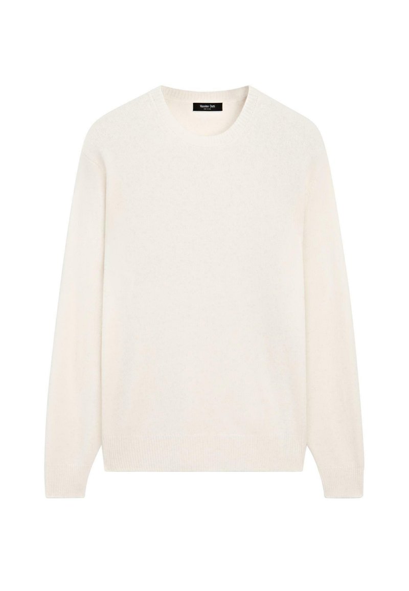 Maglione chiaro in crema con maniche lunghe e scollatura rotonda. Textura morbida, design minimalista, senza fantasie, con bordo e polsini a costine.