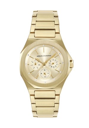 Orologio da polso Armani Exchange tono oro con tre quadranti secondari, indici delle ore in cristallo e cinturino metallico a maglie.