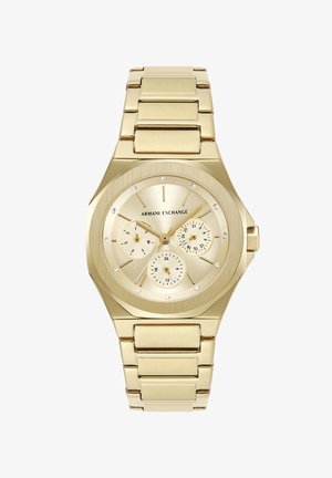 Orologio da polso Armani Exchange tono oro con tre quadranti secondari, indici delle ore in cristallo e cinturino metallico a maglie.