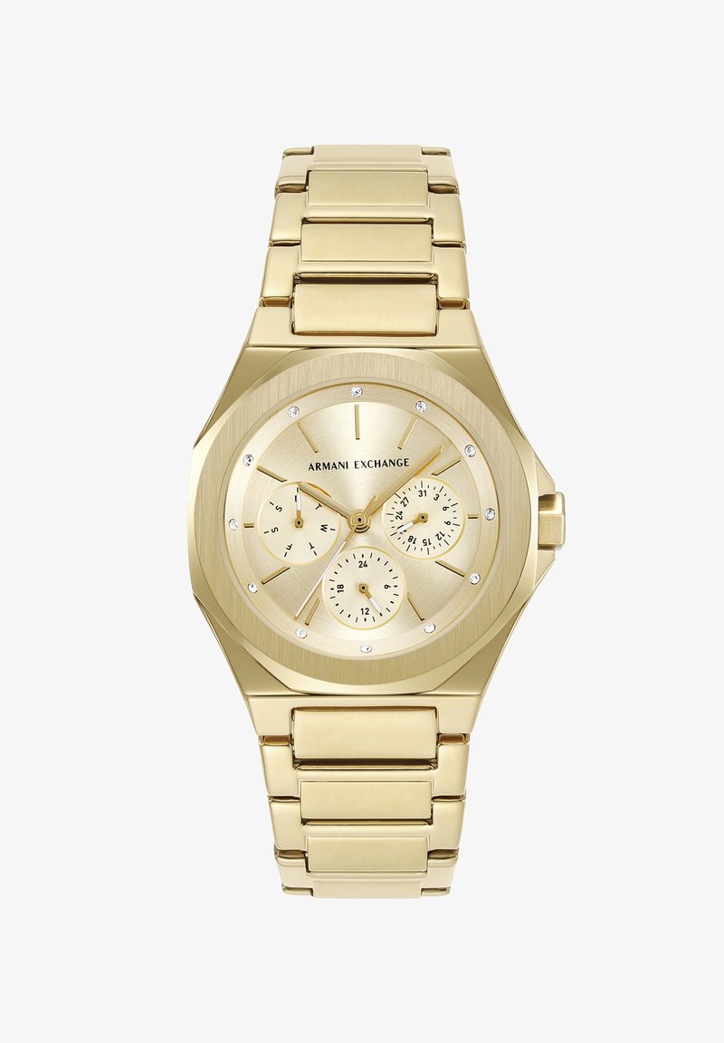 Orologio da polso Armani Exchange tono oro con tre quadranti secondari, indici delle ore in cristallo e cinturino metallico a maglie.