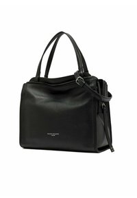 Sac à main en cuir noir avec double anses, une bandoulière détachable et une fermeture éclair. Présente un design minimaliste et un détail de logo.