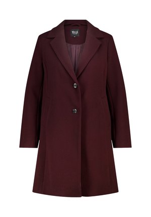 Manteau bordeaux foncé longueur genou avec manches longues, deux boutons noirs, col à revers cranté et poches latérales, présenté sur fond blanc.