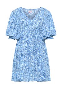 Rochie cu imprimeu albastru, cu decolteu în V, mâneci bufante și design în straturi. Prezintă un imprimeu floral cu nuanțe de albastru și alb.