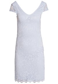 Světle modré krajkové šaty s výstřihem do V a krátkými rukávky. Mají květinové vzory a detaily na scalloped lemu. Vyrobeny z texturované krajkové látky.