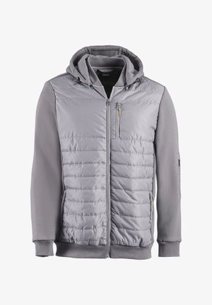 Men's gray hooded jacket featuring a quilted padded front, smooth gray sleeves, zippered pockets, and ribbed cuffs and hem.