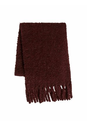 Burgundy scarf made of textured fabric, featuring fringed edges. Soft, warm material ideal for cold weather. Rectangular shape.