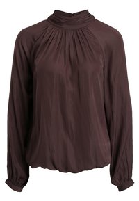 Brun, langærmet bluse med en sammensnoet halsudskæring. Lavet af glat, let stof, med en afslappet pasform og rundet kant.