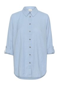 Camicia azzurro chiaro con bottoni realizzata in lino, con colletto, maniche lunghe arrotolate e bottoni argentati lungo la parte frontale.