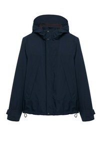 Tmavě modrá vod ěodolná bunda s kapucí, vybavená zipovým zapínáním, nastavitelným stahováním v pase a elastickými manžetami. Hladká, lehká tkanina.