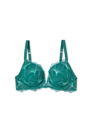 Soutien-gorge en dentelle turquoise avec broderies florales, soutien-gorge à armatures, bords festonnés et bretelles réglables. Présente des bonnets transparents et une finition lisse.