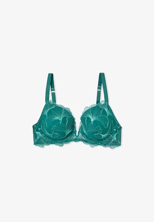 Reggiseno in pizzo teal con ricami floreali, supporto con stecche, bordi scallop e spalline regolabili. Presenta coppe trasparenti e una finitura liscia.