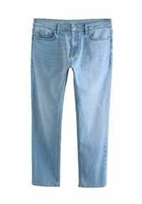 Blugi din denim albastru deschis au un croi drept, design cu cinci buzunare și închidere cu nasture metalic. Textură moale cu detalii subtile de decolorare.