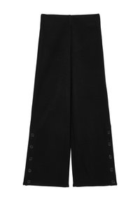 Schwarze weit geschnittene Hosen mit sechs Knöpfen entlang der äußeren Seitennaht, aus weichem, fließendem Stoff gefertigt.