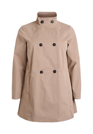 Beiger, doppelt geknöpfter Mantel mit sechs schwarzen Knöpfen, hohem Kragen, langen Ärmeln und Seitentaschen, dargestellt vor weißem Hintergrund.