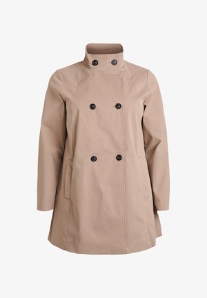 Beige dobbeltradet frakke med seks sorte knapper, høj krave, lange ærmer og sidelommer, vist på hvid baggrund.