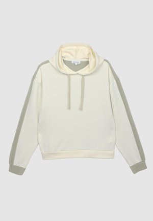 Sudadera con capucha en color crema claro, con mangas verdes texturizadas y cordones a juego. Presenta puños acanalados y un corte relajado.