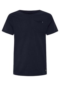 Navy blue short-sleeve t-shirt with round neckline and small chest pocket with button detail on the right side.