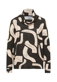 Suéter negro de cuello alto con patrones abstractos en beige de trazos curvos y rectos, mangas largas y ajuste holgado.