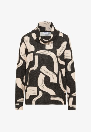 Svart polotröja med beige abstrakta böjda och raka penseldrag, långa ärmar och avslappnad passform.