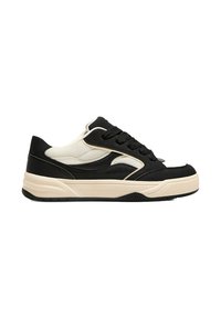 Fekete és krémszínű sneaker tapintott felsőrésszel, kontrasztos díszítésekkel és gumi talppal. Kerek fűzőkkel és párnázott bokarésszel rendelkezik.