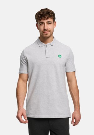 Graues Polohemd mit kurzen Ärmeln, mit einem grünen, gestickten Logo auf der Brust. Aus Baumwolle, weiche Textur und Standardpassform.