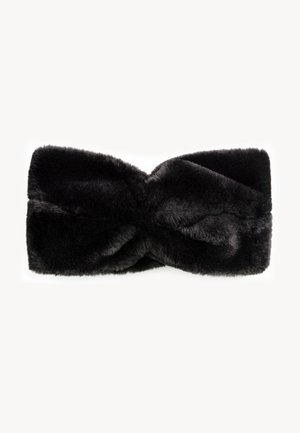 Zwarte nepbont hoofdband met een gedraaid design en zachte textuur. Rechthoekige vorm, geschikt om de oren warm te houden in koud weer.