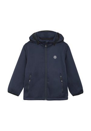 Giacca softshell blu navy con cappuccio, chiusura con zip frontale, due tasche laterali e logo ricamato sul petto. Texture liscia, design casual.