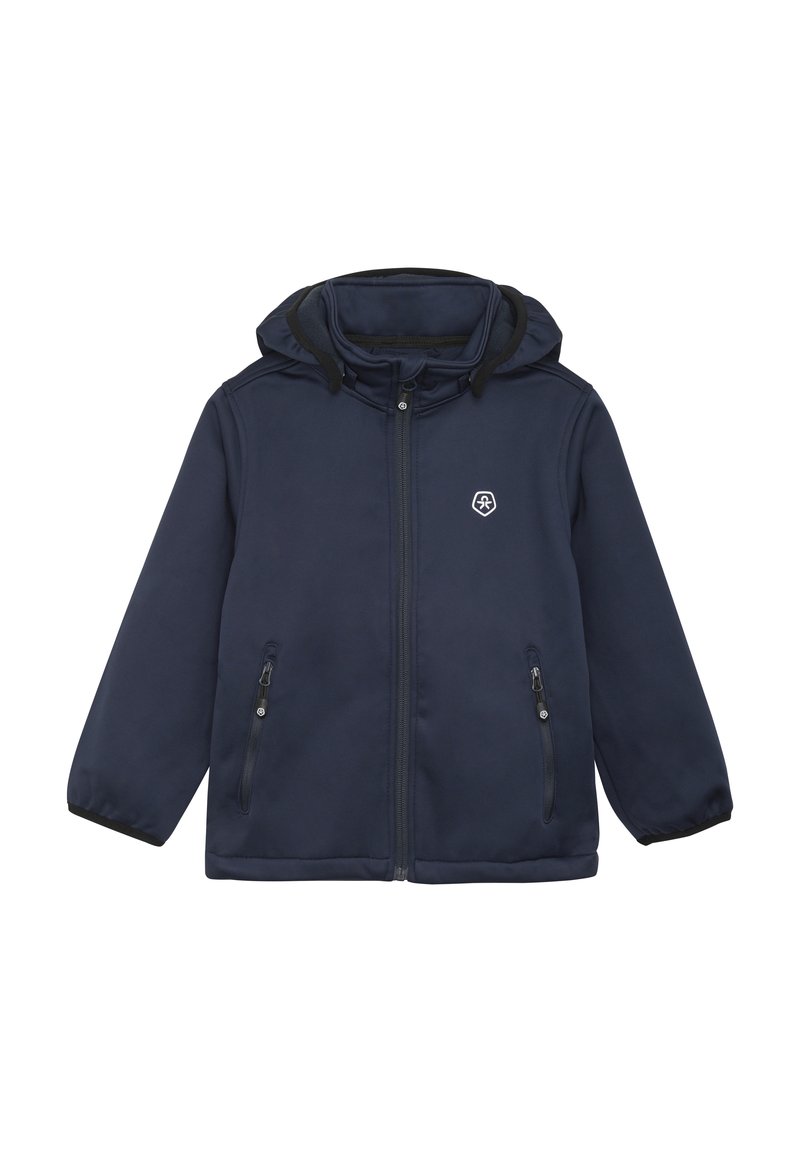 Marineblaue Softshelljacke mit Kapuze, Reißverschlussfront, zwei Seitentaschen und gesticktem Logo auf der Brust. Glatte Textur, lässiges Design.