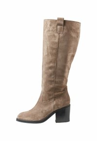 Knee-high brown suede boot with a square toe and a chunky black heel. Features a side seam detail and a pull tab at the top.