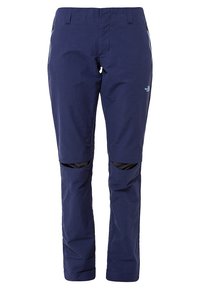 Navy outdoor trousers with zippered side vents and black accents. Made of lightweight, durable fabric with a straight leg design.
