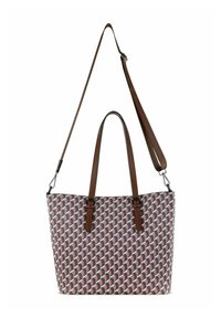 Sac tote avec un extérieur à motifs dans des tons de marron et de crème, doté de deux poignées en cuir et d'une bandoulière amovible.