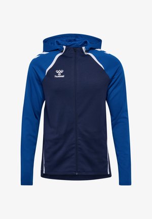 Dunkelblaue Zip-Hoodie mit einem kontrastierenden hellblauen Einsatz und weißen Akzenten; verfügt über eine Kapuze und das Hummel-Logo auf der Brust.