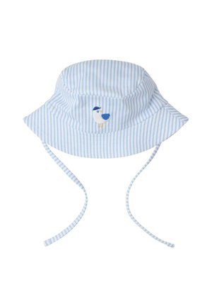 Baby solhat i lyseblå og hvide striber med stropper under hagen og en broderet blå og hvid fugl med hat på fronten.