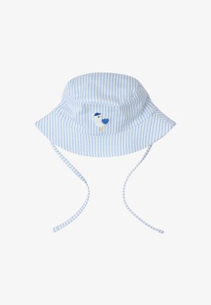 Vaaleansininen ja valkoinen raidallinen vauvan aurinkohattu leuanauhoilla, jossa edessä kirjailtu sinivalkoinen lintu, jolla on hattu.