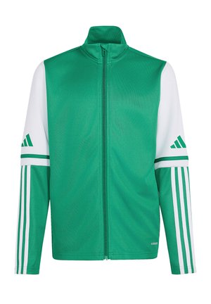Grüne und weiße Jacke mit durchgehendem Reißverschluss und langen Ärmeln, die drei grüne Streifen und Adidas-Logos auf jedem Ärmel aufweist.