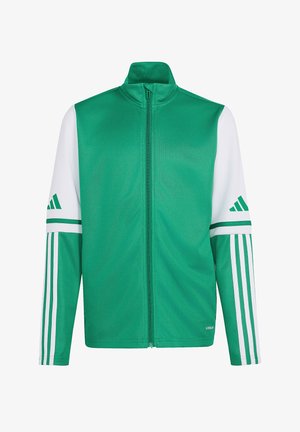Grøn og hvid jakke med fuld lynlås og lange ærmer med tre grønne striber og Adidas-logoer på hvert ærme.
