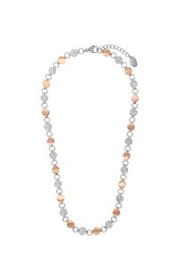 Collana in metallo rosa e argento con anelli circolari alternati e dettagli testurizzati, dotata di chiusura e catena regolabile.