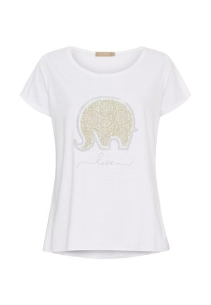 Hvid bomuld t-shirt med afslappet pasform, prydet med et guld- og sølv-elefantdesign med dekorative detaljer og "kærlighed" tekst nedenfor.