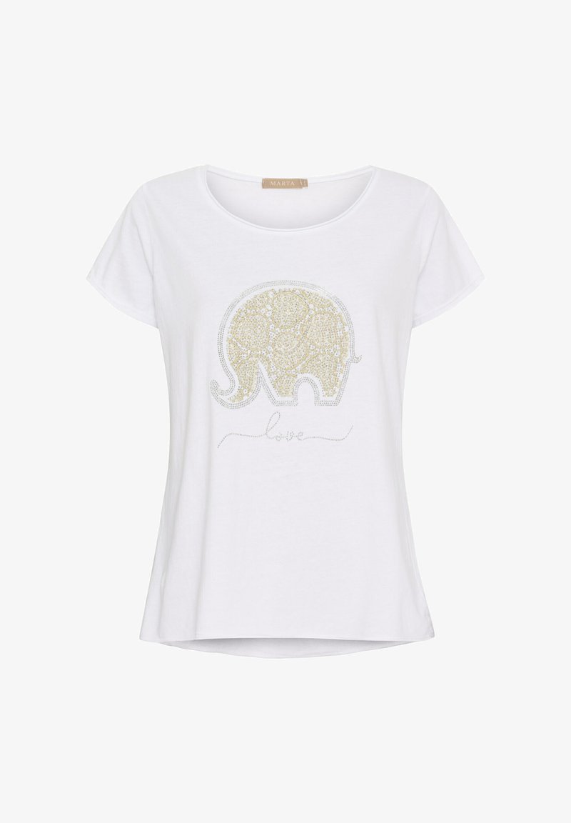Hvid bomuld t-shirt med afslappet pasform, prydet med et guld- og sølv-elefantdesign med dekorative detaljer og "kærlighed" tekst nedenfor.