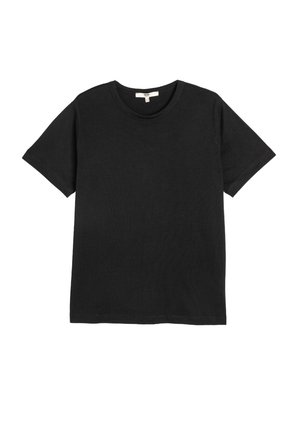 Camiseta negra de manga corta tipo crew neck planchada sobre un fondo blanco.