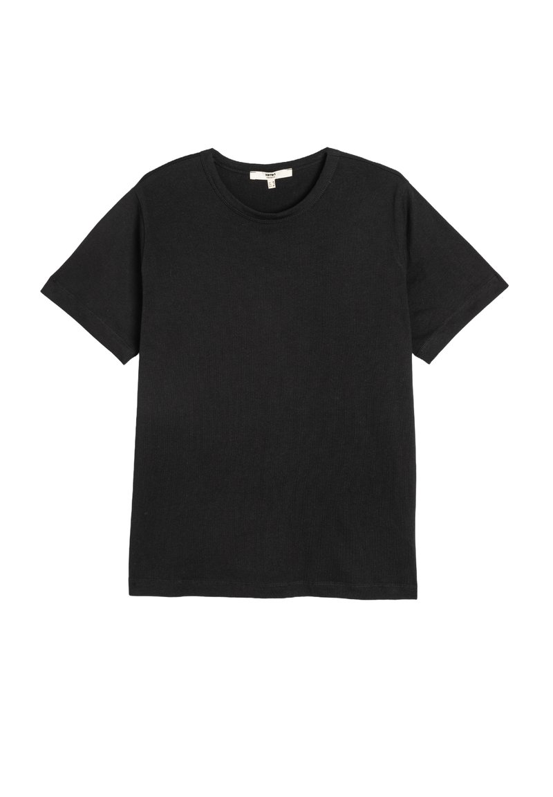 Camiseta negra de manga corta tipo crew neck planchada sobre un fondo blanco.