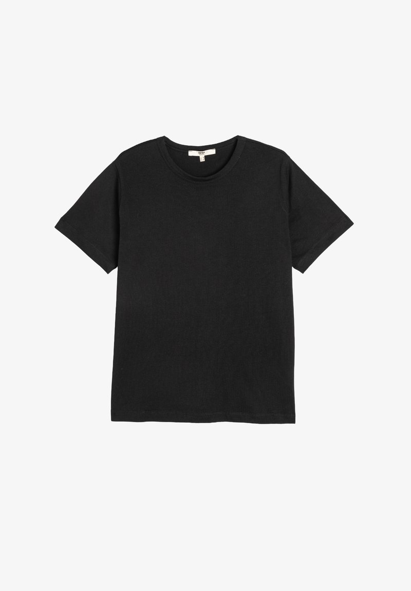 Simpel sort kortærmet T-shirt med rund hals liggende fladt på en hvid baggrund.