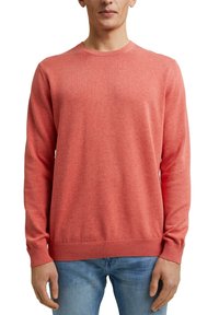 Korallefarbener Strickpullover mit langen Ärmeln, rundem Halsausschnitt und gerippten Bündchen. Glatte Textur und minimale Details, kombiniert mit Jeans.